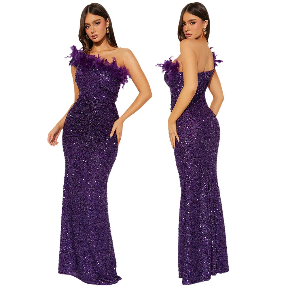 Dazzling Sequined Backless Maxi Dress with Feather & Bead Detailing – Perfect for Birthday Party