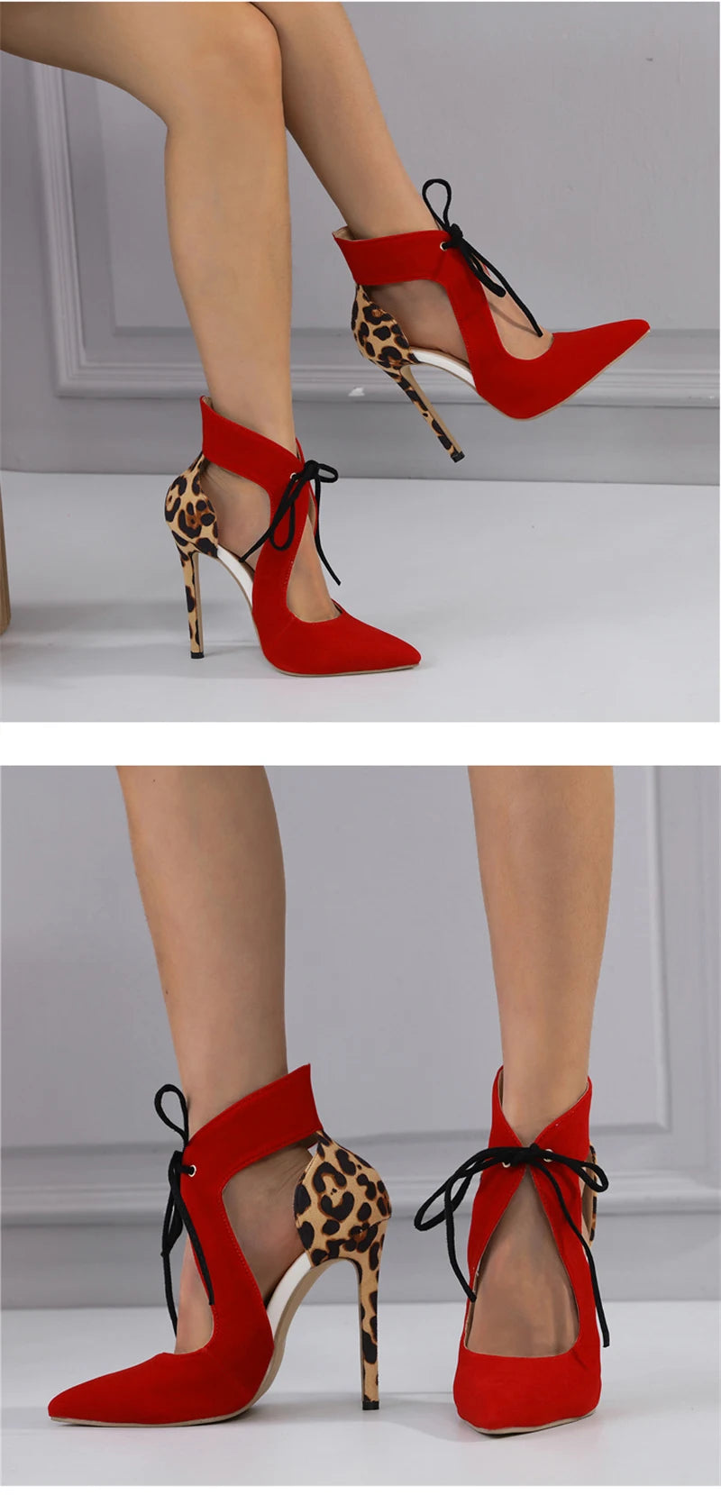 Sexy Red Lace-Up Slingback High Heels – Leopard Print Pumps for Summer Parties & Proms