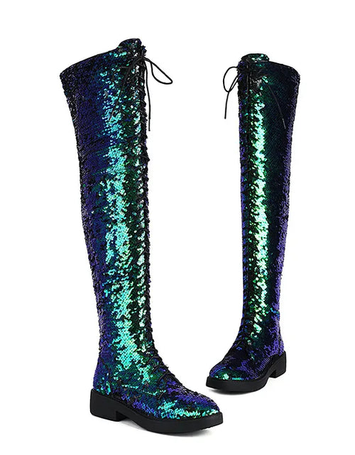 Load image into Gallery viewer, Dazzling Heights: Shiny Sequined Over-the-Knee Boots with Thick Heels
