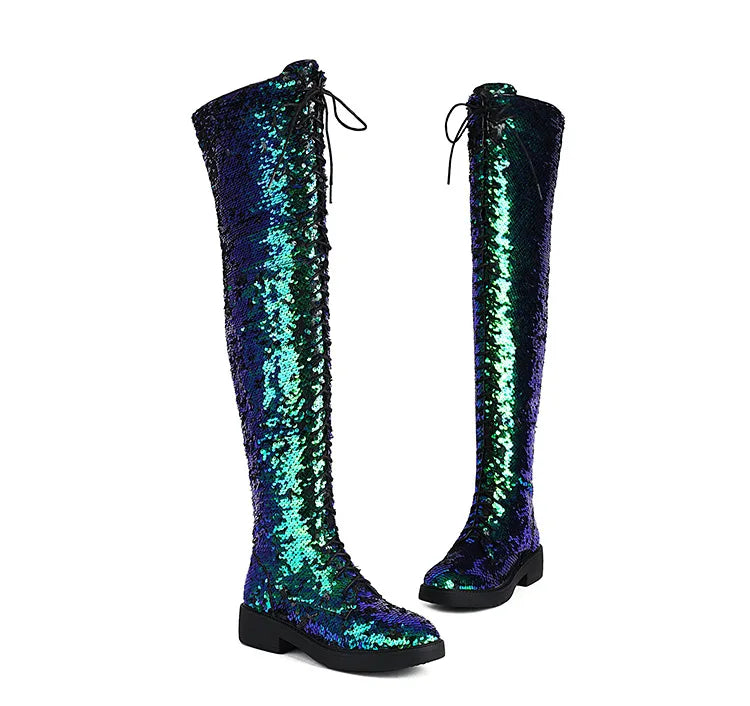 Dazzling Heights: Shiny Sequined Over-the-Knee Boots with Thick Heels