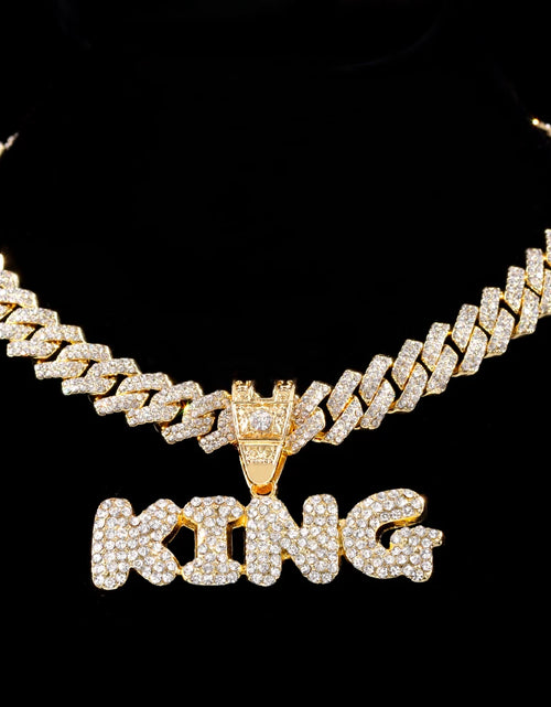 Load image into Gallery viewer, Iced Out Full Rhinestones KING QUEEN Letter Pendant Necklace 14mm Miami Rhombus Cuban Chain Hip Hop Necklaces Jewelry
