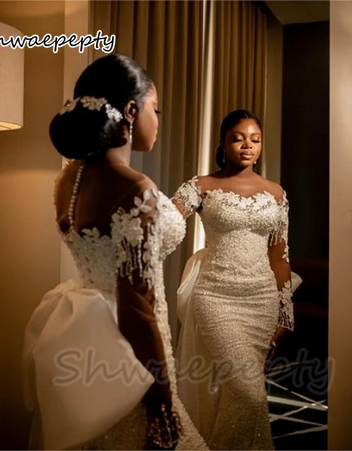 Load image into Gallery viewer, 2-in-1 Sequined Mermaid Wedding Dress – Detachable Skirt, Illusion Sleeves &amp; Bow Back African Bridal Gown
