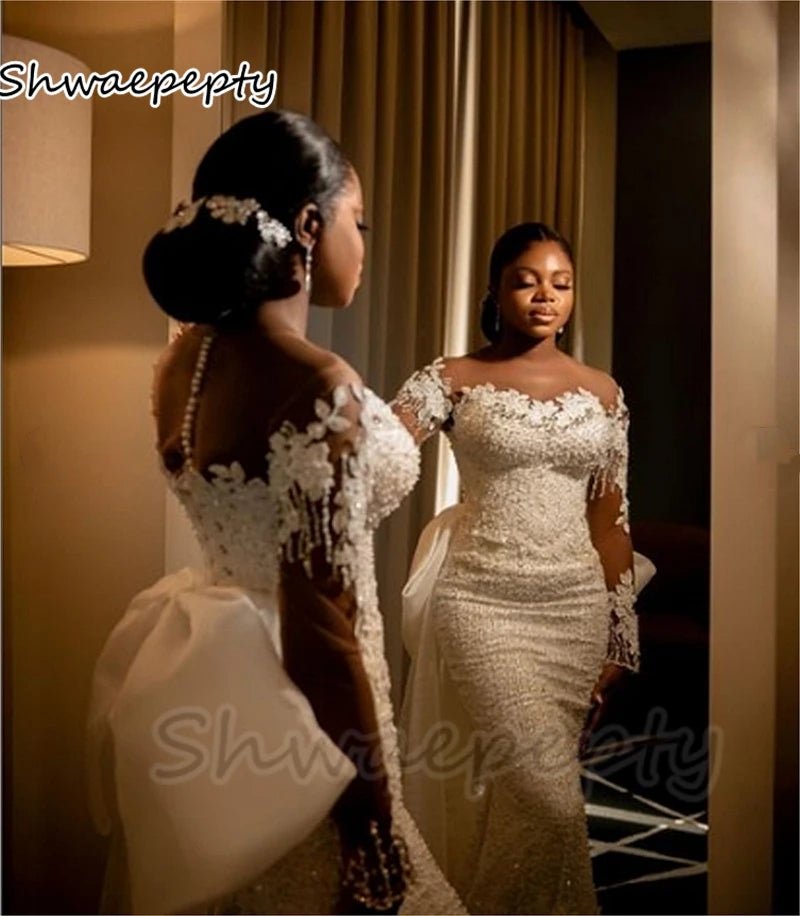 2-in-1 Sequined Mermaid Wedding Dress – Detachable Skirt, Illusion Sleeves & Bow Back African Bridal Gown