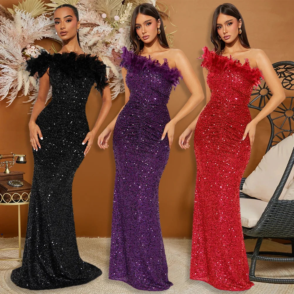 Dazzling Sequined Backless Maxi Dress with Feather & Bead Detailing – Perfect for Birthday Party