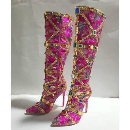 Load image into Gallery viewer, Vibrant Elegance: Colorful Rhinestone Embroidered Mid-Length Ethnic Boots
