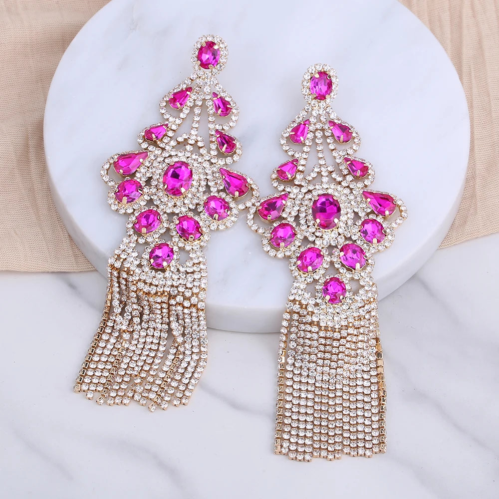 Statement Rhinestone Tassel Drop Earrings – Crystal Dangle Jewelry for Women