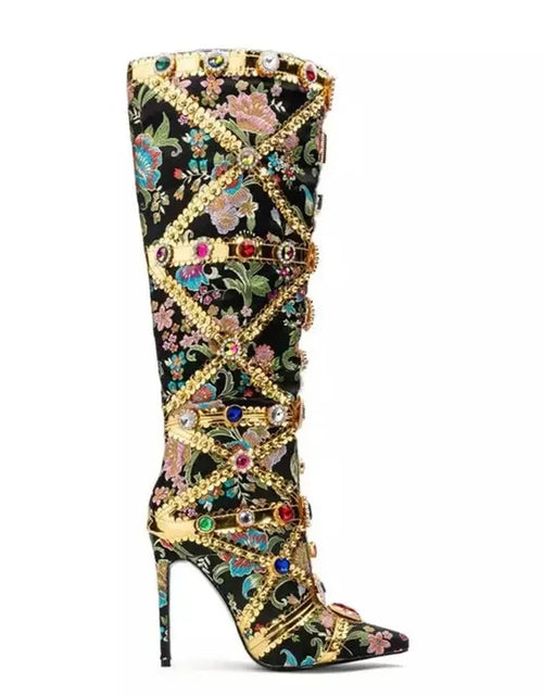 Load image into Gallery viewer, Vibrant Elegance: Colorful Rhinestone Embroidered Mid-Length Ethnic Boots
