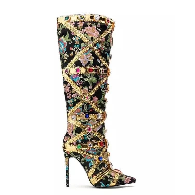 Vibrant Elegance: Colorful Rhinestone Embroidered Mid-Length Ethnic Boots