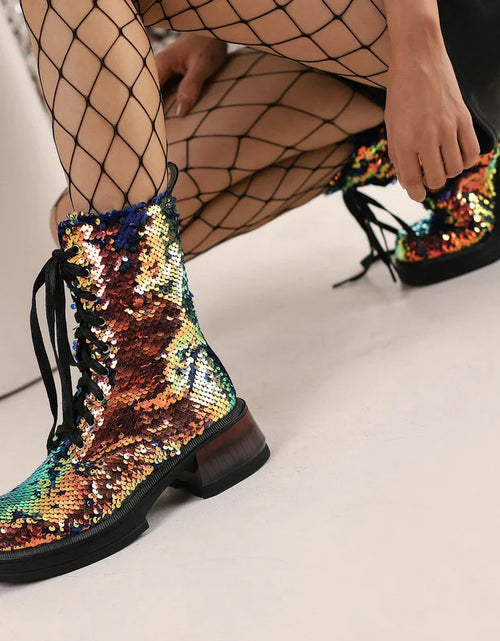 Load image into Gallery viewer, Sparkle &amp; Comfort: Sequined Platform Ankle Boots with Square Heels
