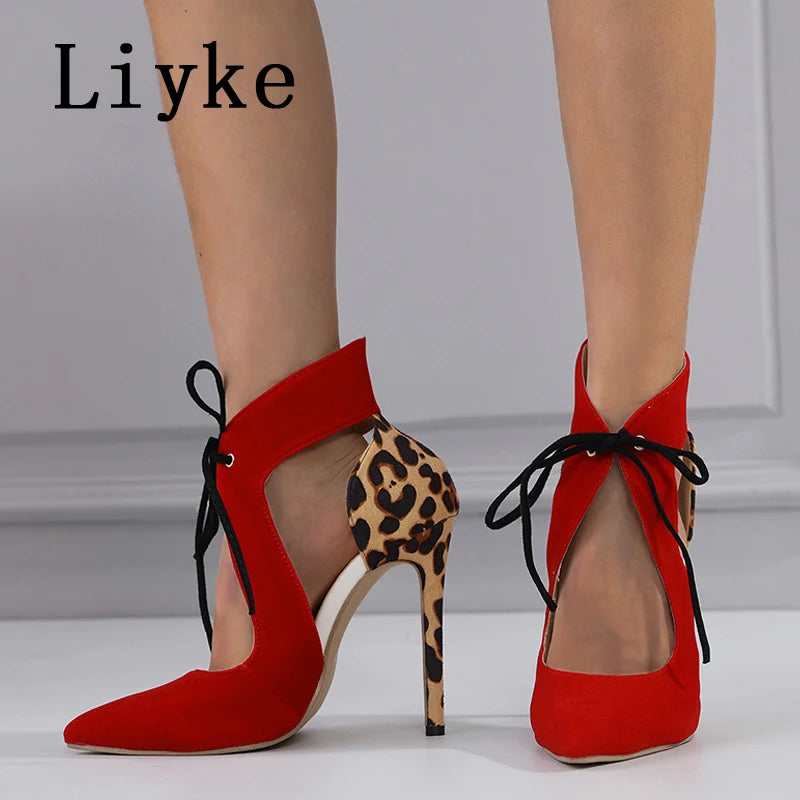 Sexy Red Lace-Up Slingback High Heels – Leopard Print Pumps for Summer Parties & Proms