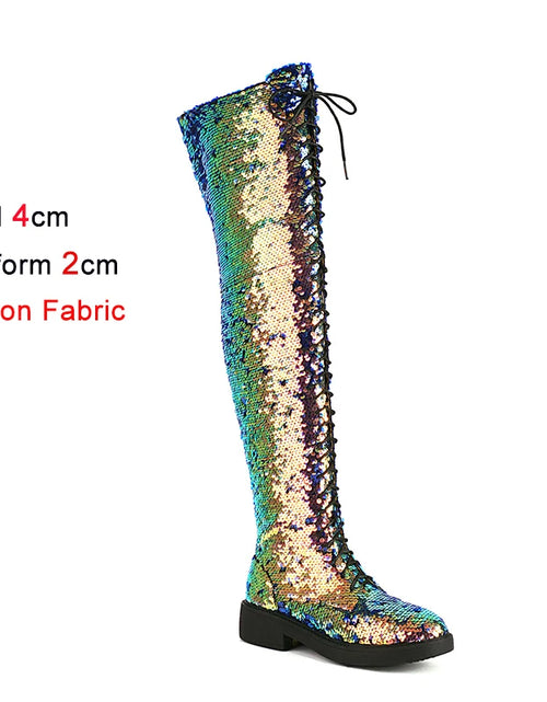 Load image into Gallery viewer, Dazzling Heights: Shiny Sequined Over-the-Knee Boots with Thick Heels
