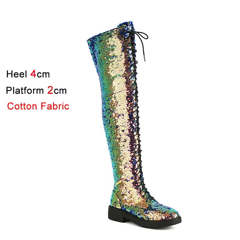 Dazzling Heights: Shiny Sequined Over-the-Knee Boots with Thick Heels