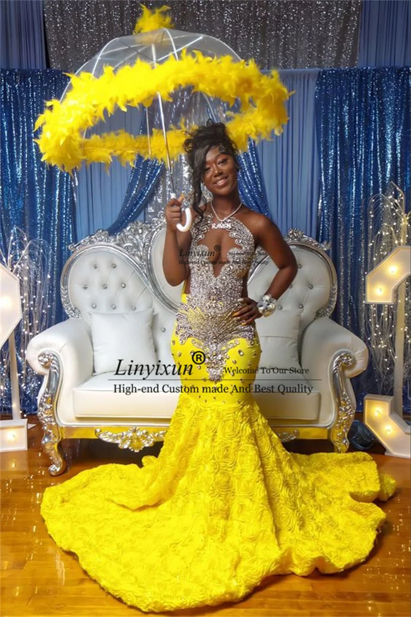 Luxury Yellow Sequin Mermaid Gala Gown with Sheer Neck