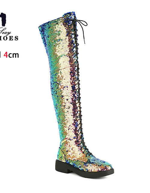 Load image into Gallery viewer, Dazzling Heights: Shiny Sequined Over-the-Knee Boots with Thick Heels
