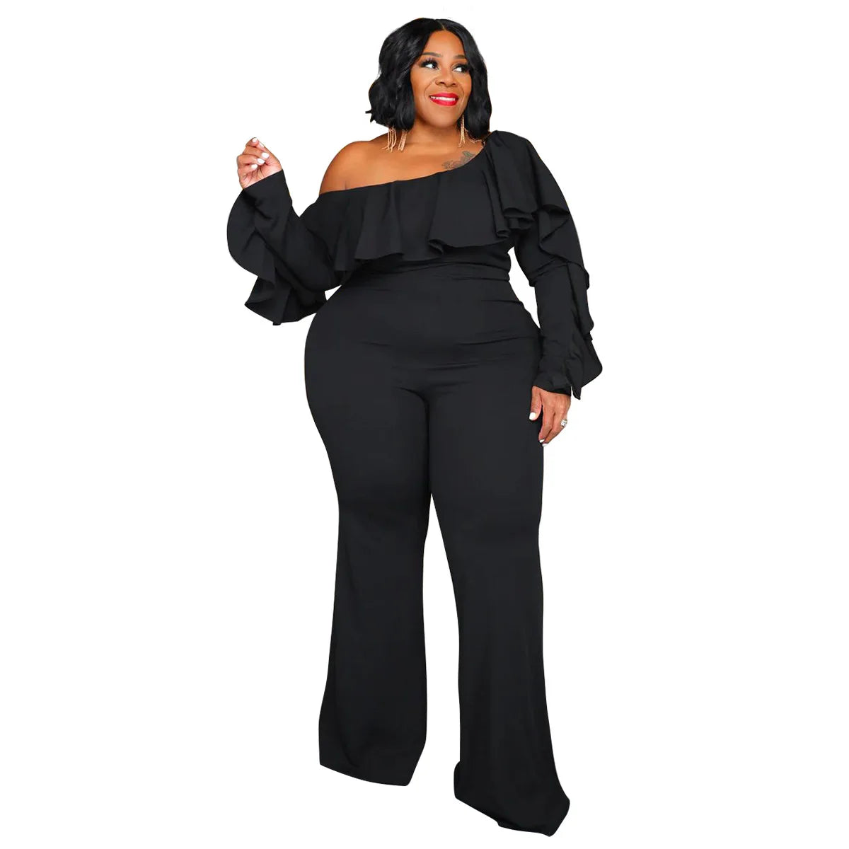 Plus-Size Wide-Leg Jumpsuit – Black Urban Leisure Summer Bodysuit for Women