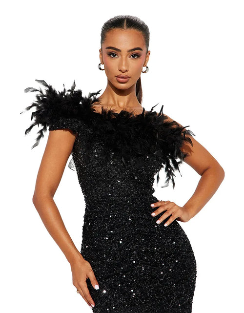 Load image into Gallery viewer, Dazzling Sequined Backless Maxi Dress with Feather &amp; Bead Detailing – Perfect for Birthday Party
