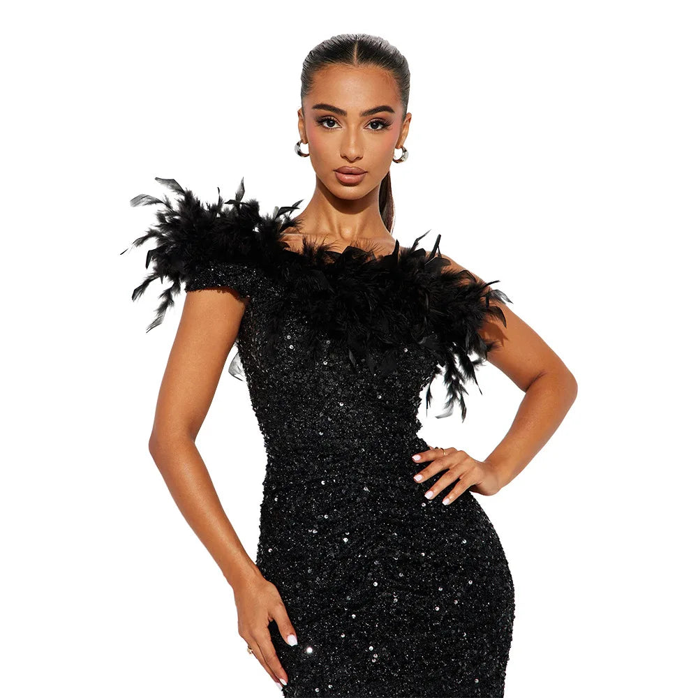 Dazzling Sequined Backless Maxi Dress with Feather & Bead Detailing – Perfect for Birthday Party