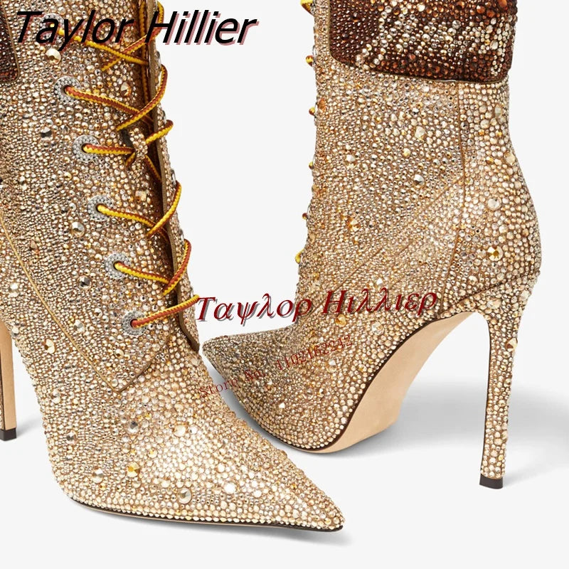 Glamour & Elegance: Gold Handmade Drill Short Boots with Pointed Toe and Thin Heel