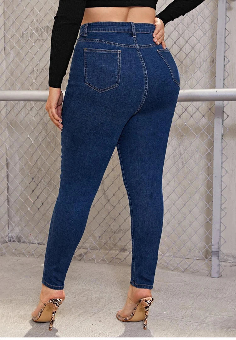 Plus-Size High-Waist Stretch Mom Jeans – Skinny Washed Denim for Women with 100kg+ Fit