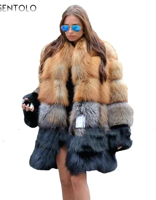 Load image into Gallery viewer, Chic Long Faux Fur Coat – Women&#39;s Winter Fashion Thick Warm Jacket with Yellow &amp; Black Contrast Stitching Cloth
