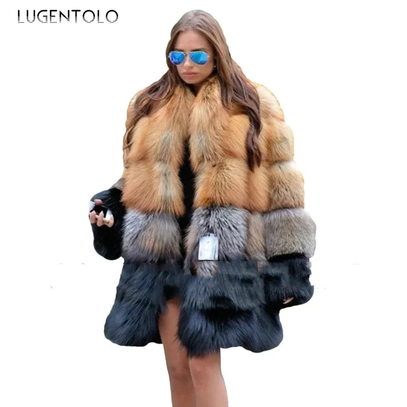 Chic Long Faux Fur Coat – Women's Winter Fashion Thick Warm Jacket with Yellow & Black Contrast Stitching Cloth