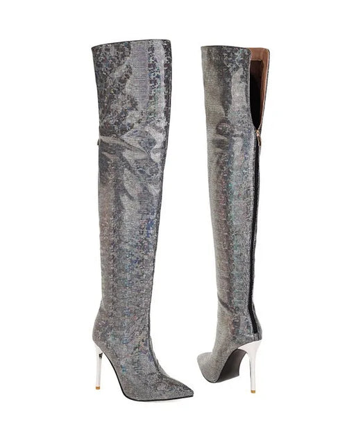 Load image into Gallery viewer, Fierce Elegance: Pointed Toe Stiletto Thigh-High Print Boots
