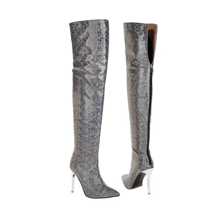 Fierce Elegance: Pointed Toe Stiletto Thigh-High Print Boots