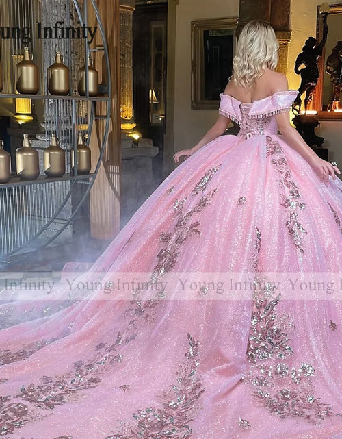 Load image into Gallery viewer, Princess in Bloom: Luxury Pink Off-Shoulder Quinceañera Ball Gown
