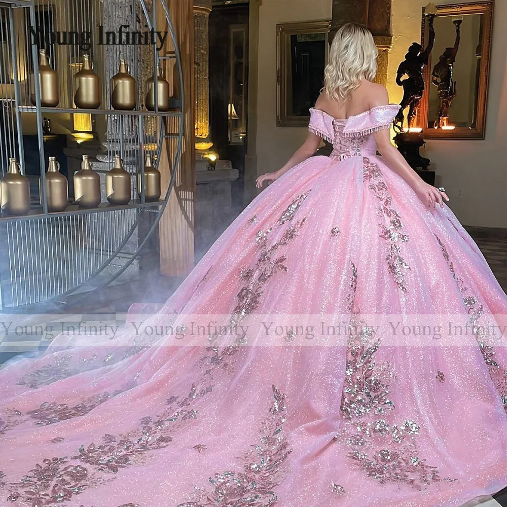 Princess in Bloom: Luxury Pink Off-Shoulder Quinceañera Ball Gown