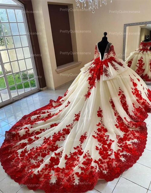 Load image into Gallery viewer, Regal Bloom: Champagne &amp; Red Tiered Quinceañera Ball Gown with 3D Flowers and Train
