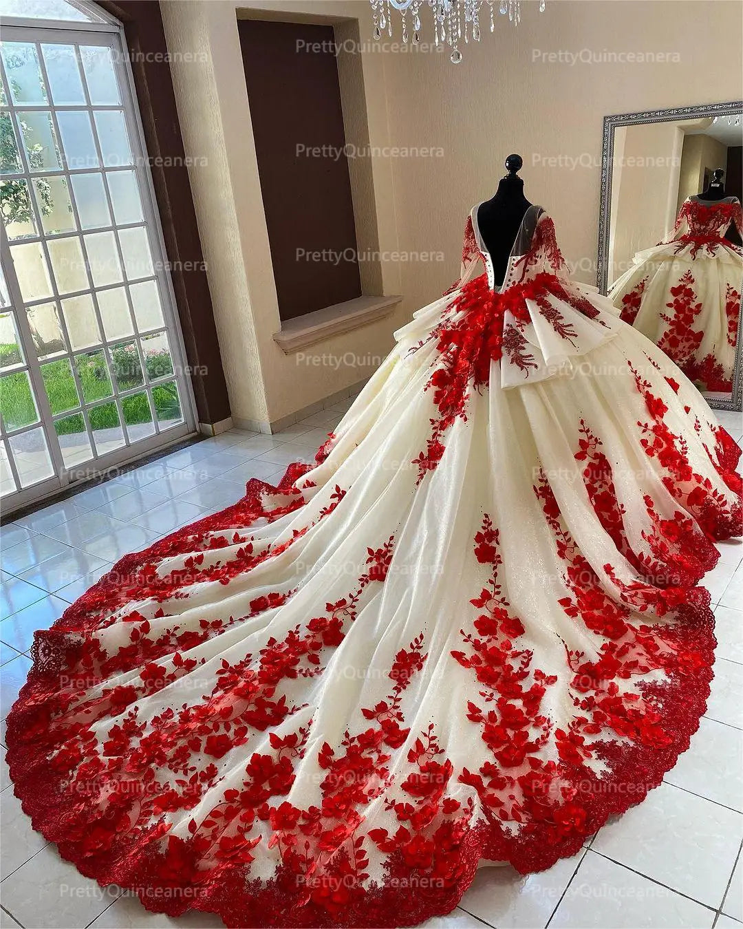 Regal Bloom: Champagne & Red Tiered Quinceañera Ball Gown with 3D Flowers and Train