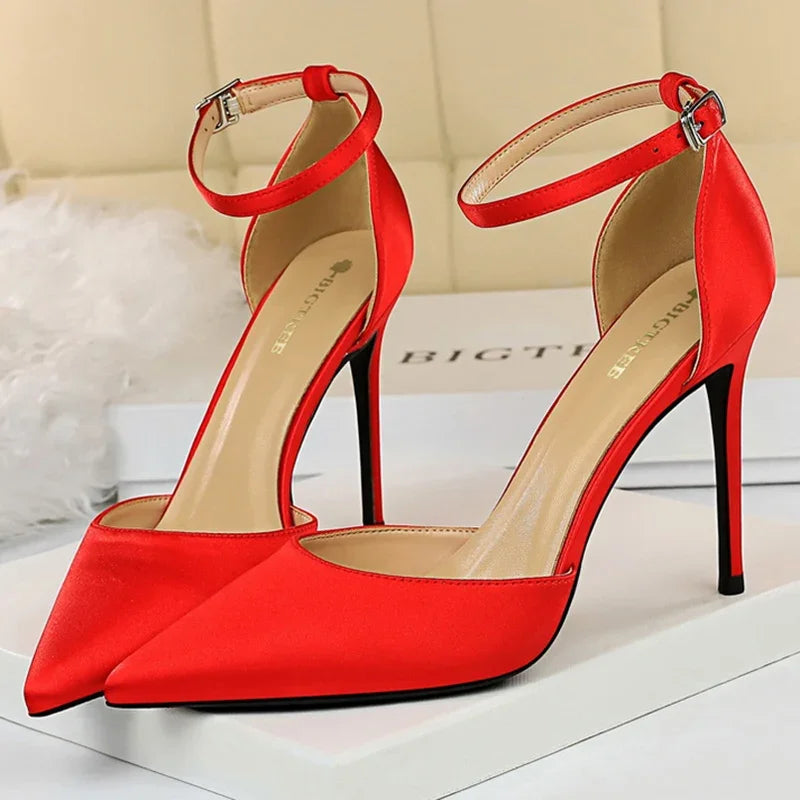 Elegant 10cm High Heel Sandals – Strappy Silk Bridal & Wedding Pumps for Women