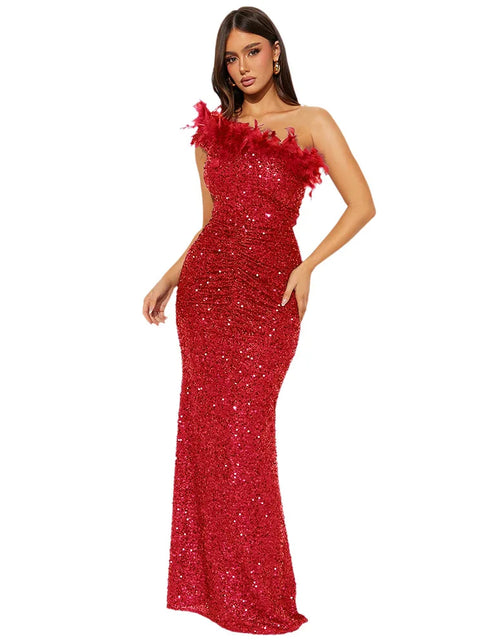 Load image into Gallery viewer, Dazzling Sequined Backless Maxi Dress with Feather &amp; Bead Detailing – Perfect for Birthday Party
