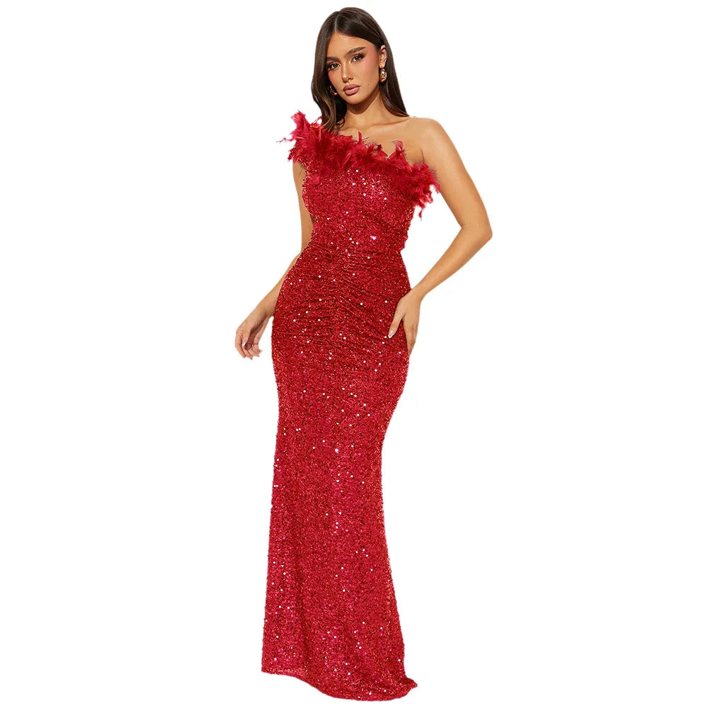 Dazzling Sequined Backless Maxi Dress with Feather & Bead Detailing – Perfect for Birthday Party