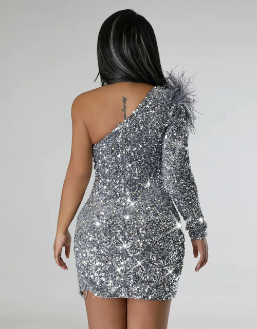 Load image into Gallery viewer, One-Shoulder Feather Sleeve Sequin Bodycon Midi Dress – Elegant Party &amp; Cocktail Dress for Women
