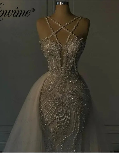 Load image into Gallery viewer, Ivory White Spaghetti Strap Wedding Dress – Pearl &amp; Crystal Beaded Mermaid Bridal Gown
