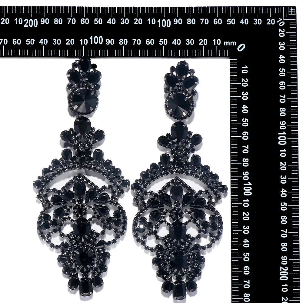 Exaggerated Black Crystal Statement Earrings – Oversized Rhinestone Dangle Prom Jewelry for Women