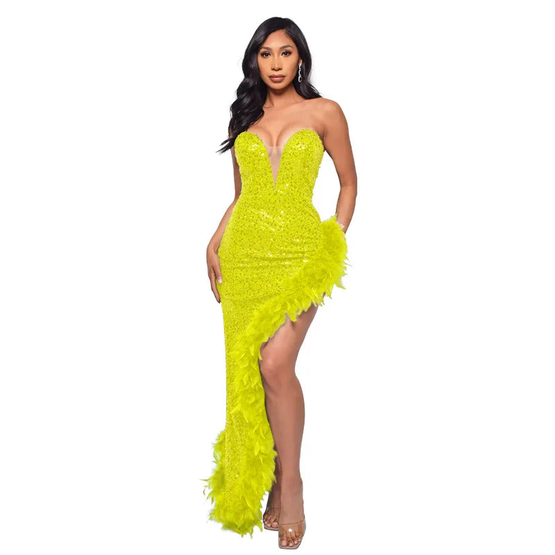 Strapless Sequin Feather Bodycon Dress – Elegant Cocktail & Formal Party Wear for Women