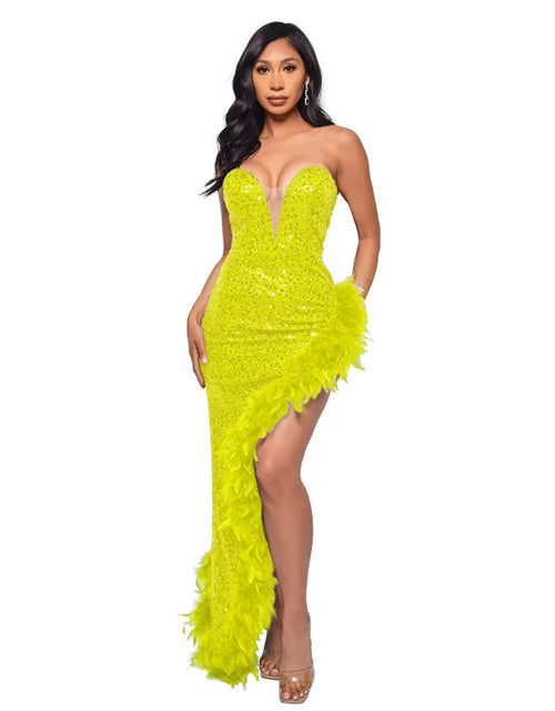 Load image into Gallery viewer, Strapless Sequin Feather Bodycon Dress – Elegant Cocktail &amp; Formal Party Wear for Women
