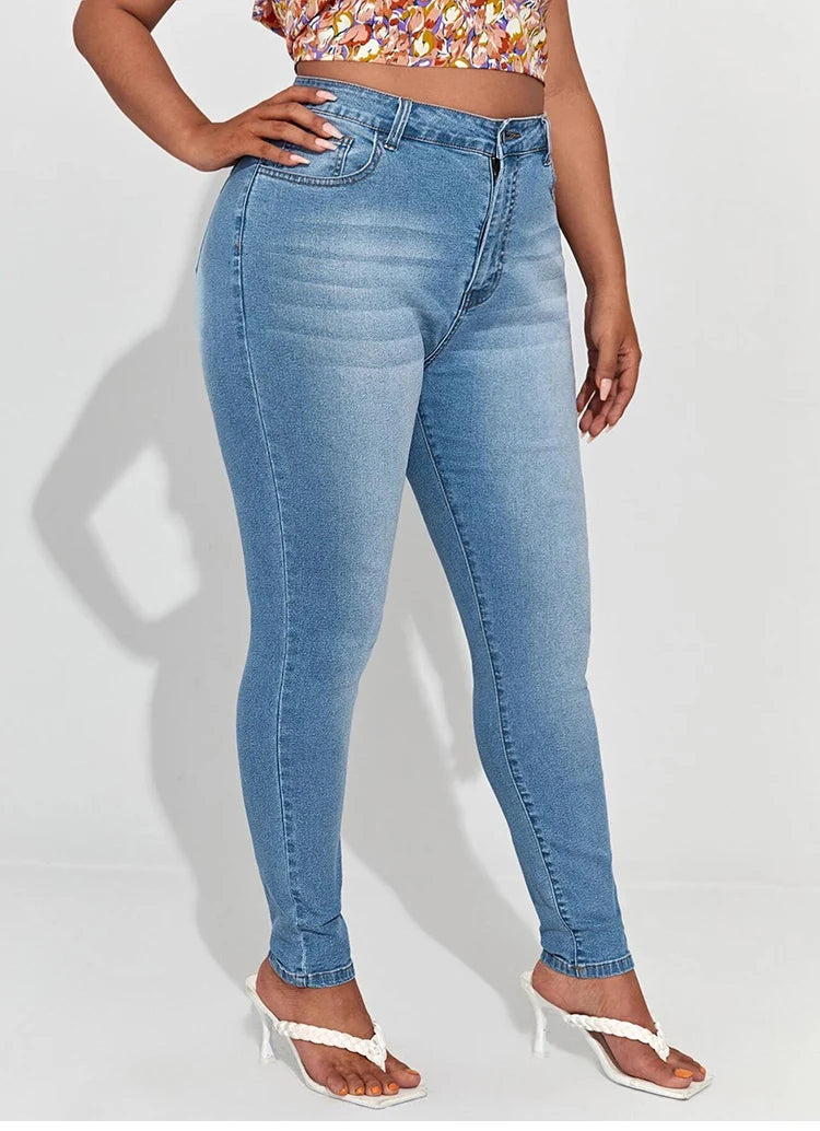 Plus-Size High-Waist Stretch Mom Jeans – Skinny Washed Denim for Women with 100kg+ Fit