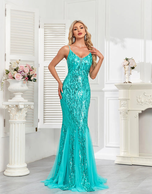 Load image into Gallery viewer, Glamorous Party Halter Sequin Gown with Luxurious Fishtail Net Skirt
