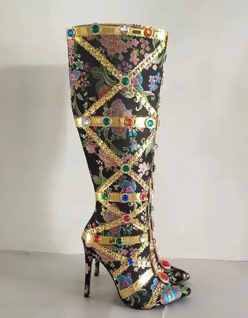 Load image into Gallery viewer, Vibrant Elegance: Colorful Rhinestone Embroidered Mid-Length Ethnic Boots
