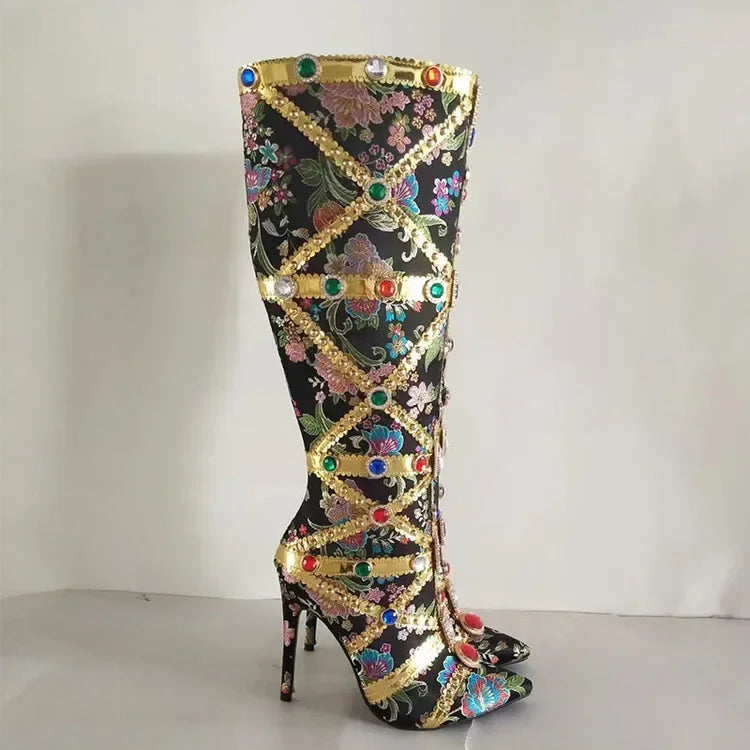 Vibrant Elegance: Colorful Rhinestone Embroidered Mid-Length Ethnic Boots