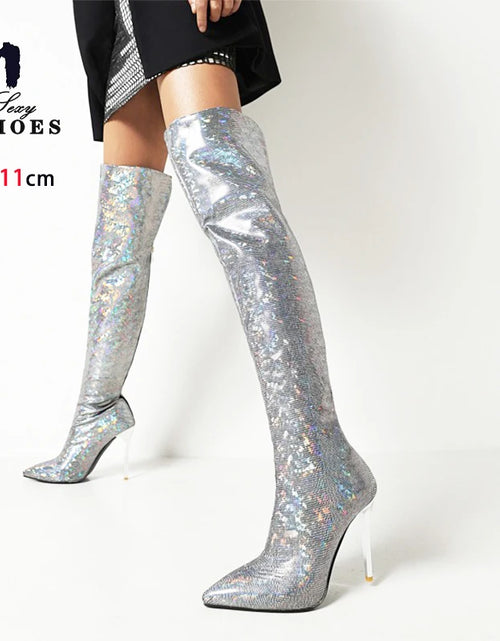 Load image into Gallery viewer, Fierce Elegance: Pointed Toe Stiletto Thigh-High Print Boots
