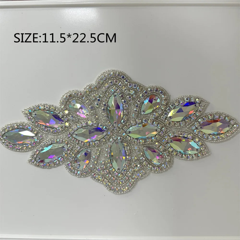 AB Silver Rhinestone Flower Applique – Elegant Iron-On/Sew-On Decoration for Wedding Dresses & Clothes