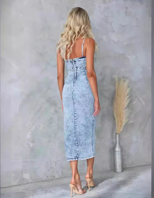 Load image into Gallery viewer, Sexy Retro Hollow-Out Denim Halter Dress – Sleeveless U-Neck Split Design
