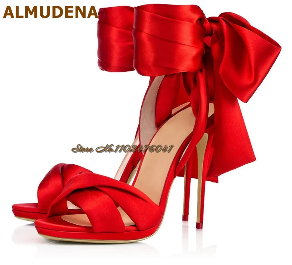 Satin Bowtie Sandals: Stiletto Heels with Silk Lace-up Elegance