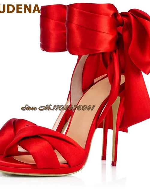 Load image into Gallery viewer, Satin Bowtie Sandals: Stiletto Heels with Silk Lace-up Elegance
