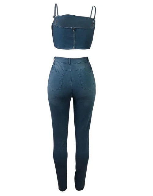 Load image into Gallery viewer, Sexy Denim Two-Piece Set – Women’s Crop Top and Pants Matching Outfit
