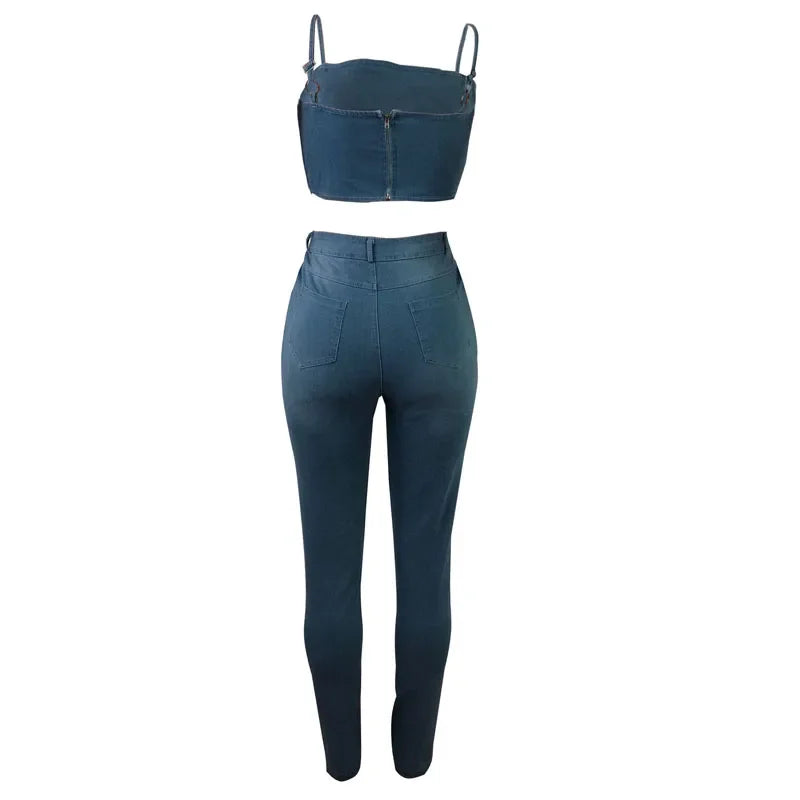 Sexy Denim Two-Piece Set – Women’s Crop Top and Pants Matching Outfit